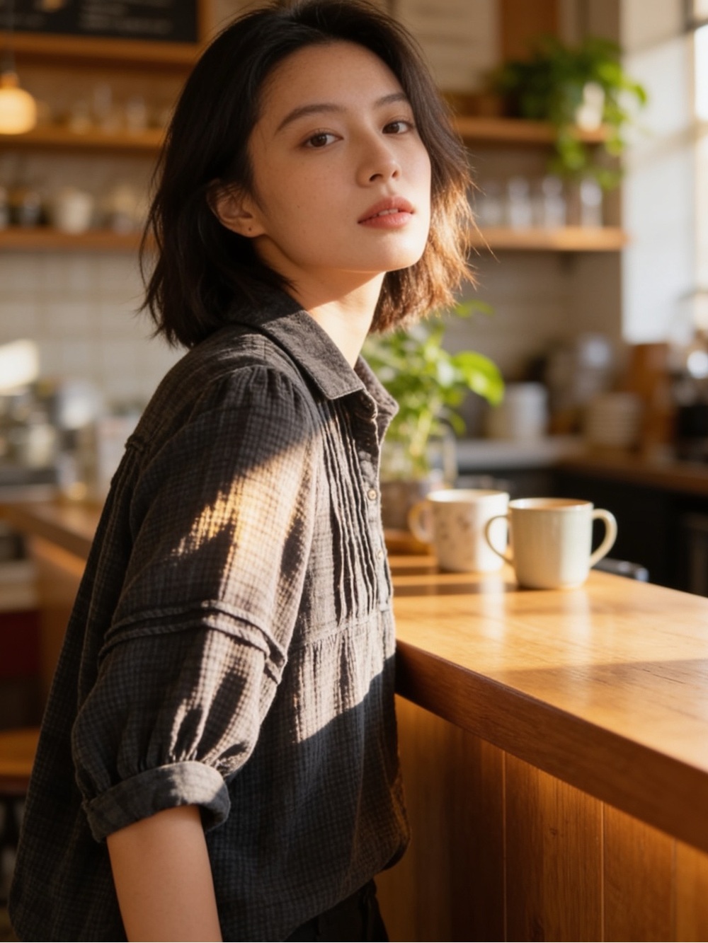 Umgee | Women’s Distressed Charcoal 100% Cotton Button-Up Puffed Sleeve Top | M